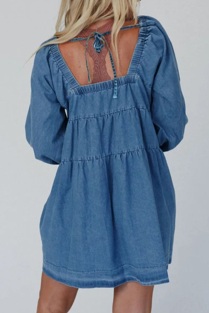 Hazel Blues® |  Tied Square Neck Long Sleeve Denim Dress with Pockets