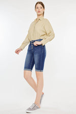 Hazel Blues® |  Kan Can High Rise Fly Button Bermuda Shorts: Medium Wash