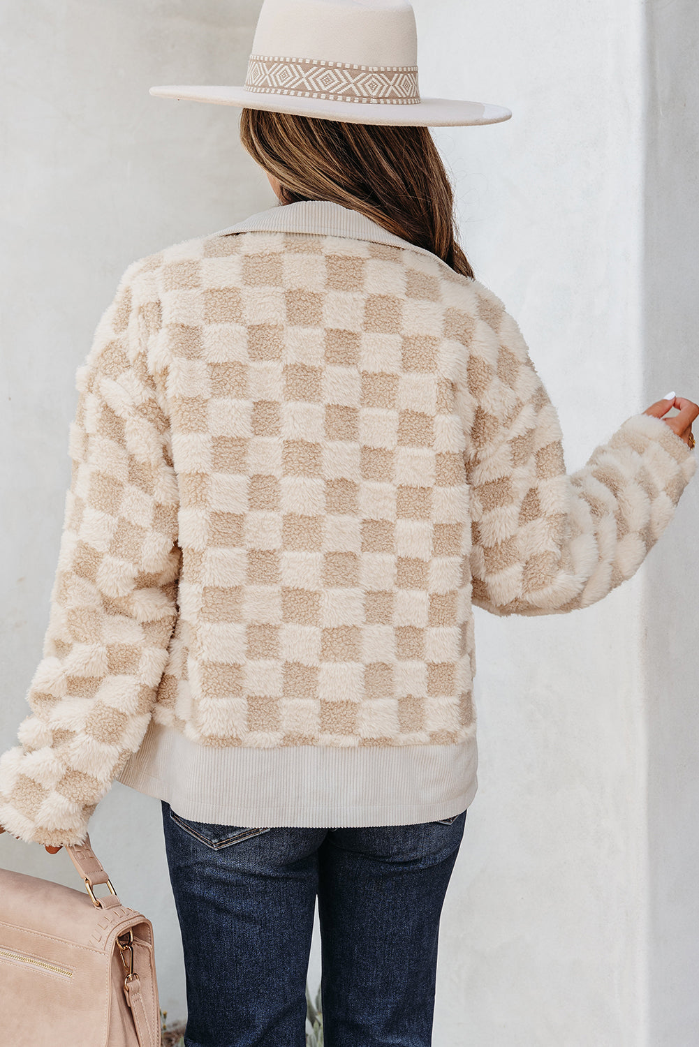 Khaki Checker Sherpa Corduroy Patchwork Zip-Up Collared Jacket
