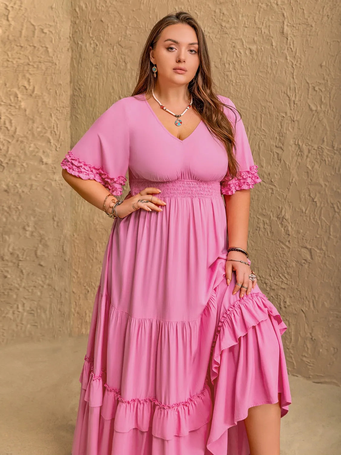 floor length half sleeve v neck maxi dress Hazel Blues®
