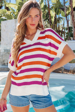 Hazel Blues® |  Green Stripe V Neck Short Sleeve Sweater with Side Slits