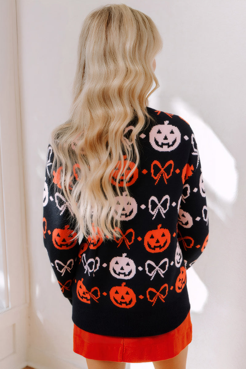 Hazel Blues® |  Black Halloween Pumpkin Bow Knit Button V Neck Sweater Cardigan