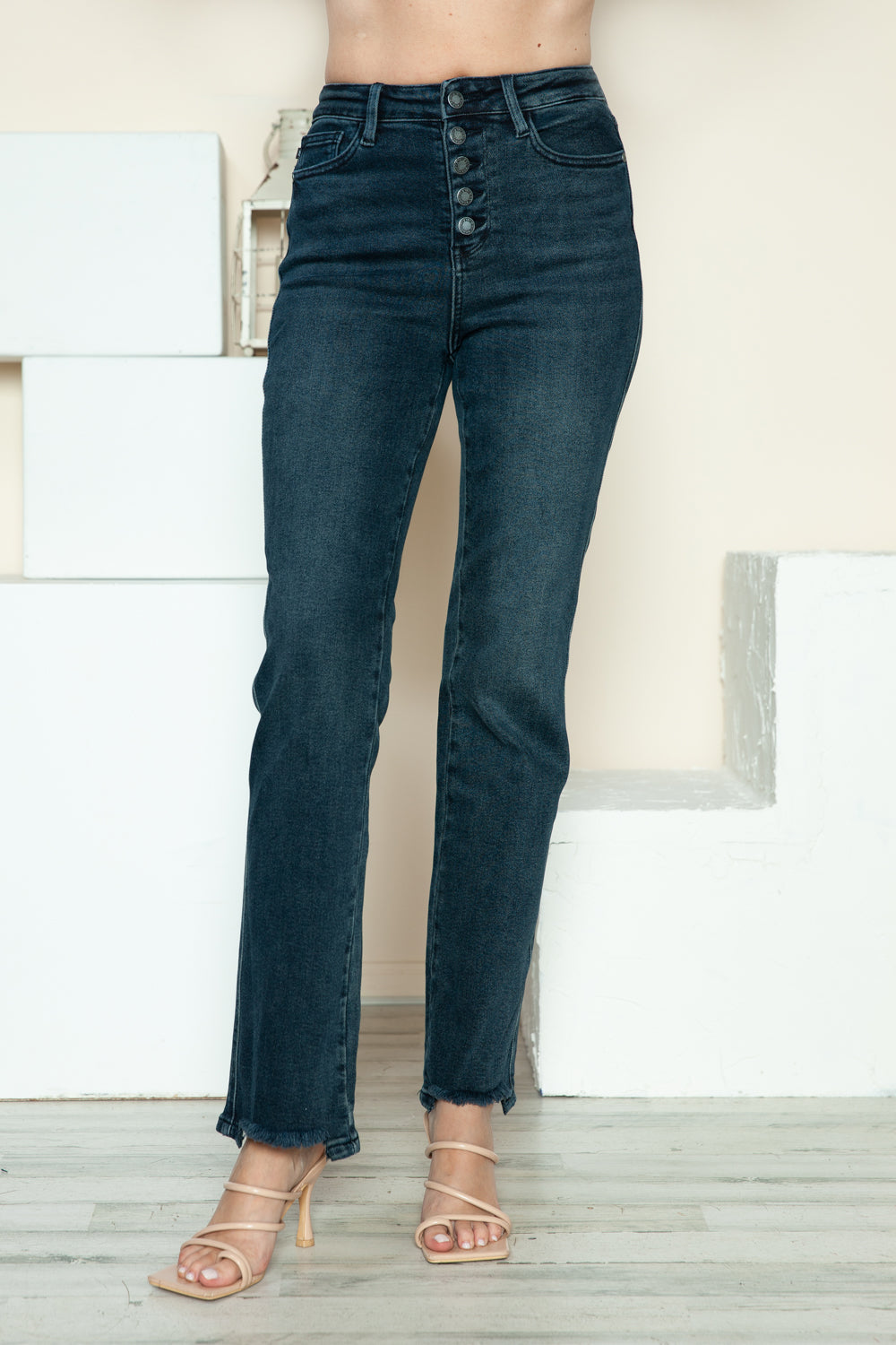 Hazel Blues® |  Judy Blue Button Fly Hem Destroy Straight Jeans