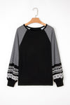 Hazel Blues® |  Black Contrast Print Striped Raglan Long Sleeve Loose Top