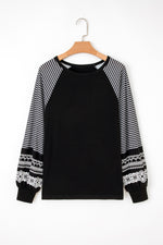 Hazel Blues® |  Black Contrast Print Striped Raglan Long Sleeve Loose Top