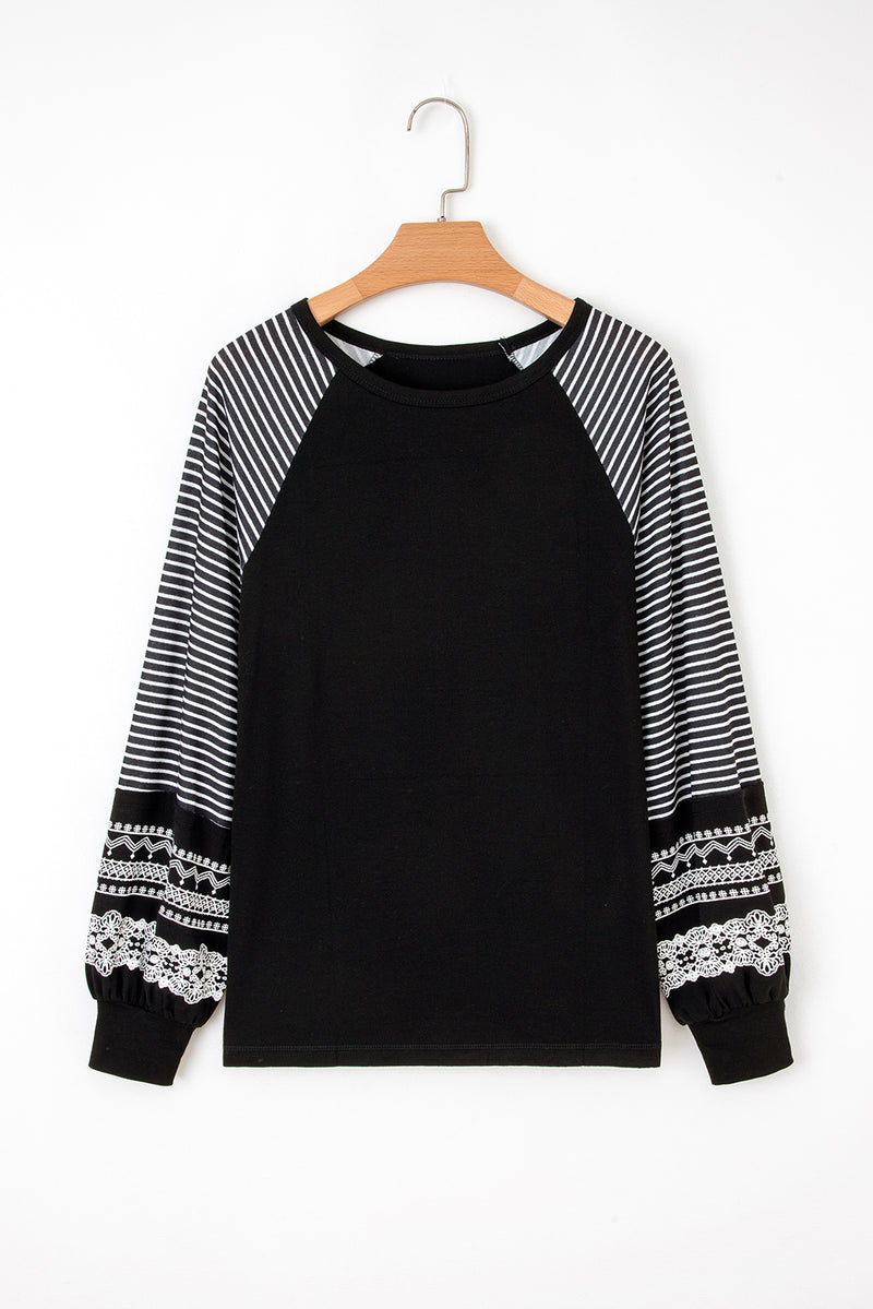 Hazel Blues® |  Black Contrast Print Striped Raglan Long Sleeve Loose Top
