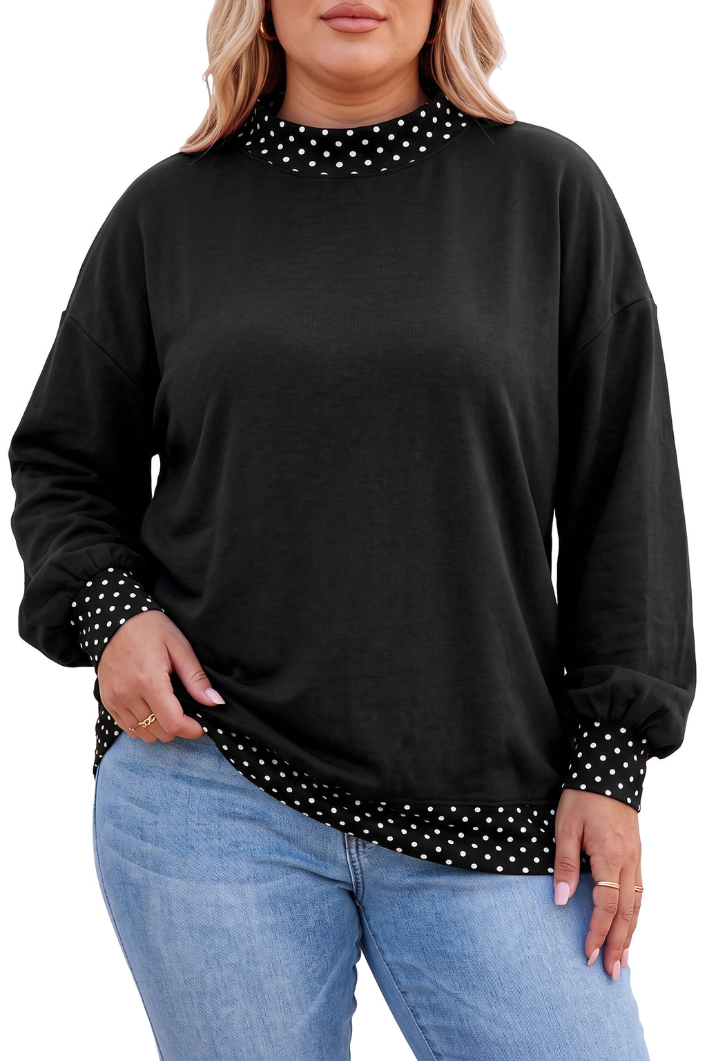 Black Polka Dot Patchwork Round-Neck Sweatshirt