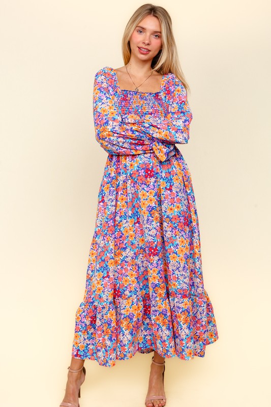 Hazel Blues® |  Haptics Smocked Floral Square Neck Flounce Sleeve Dress