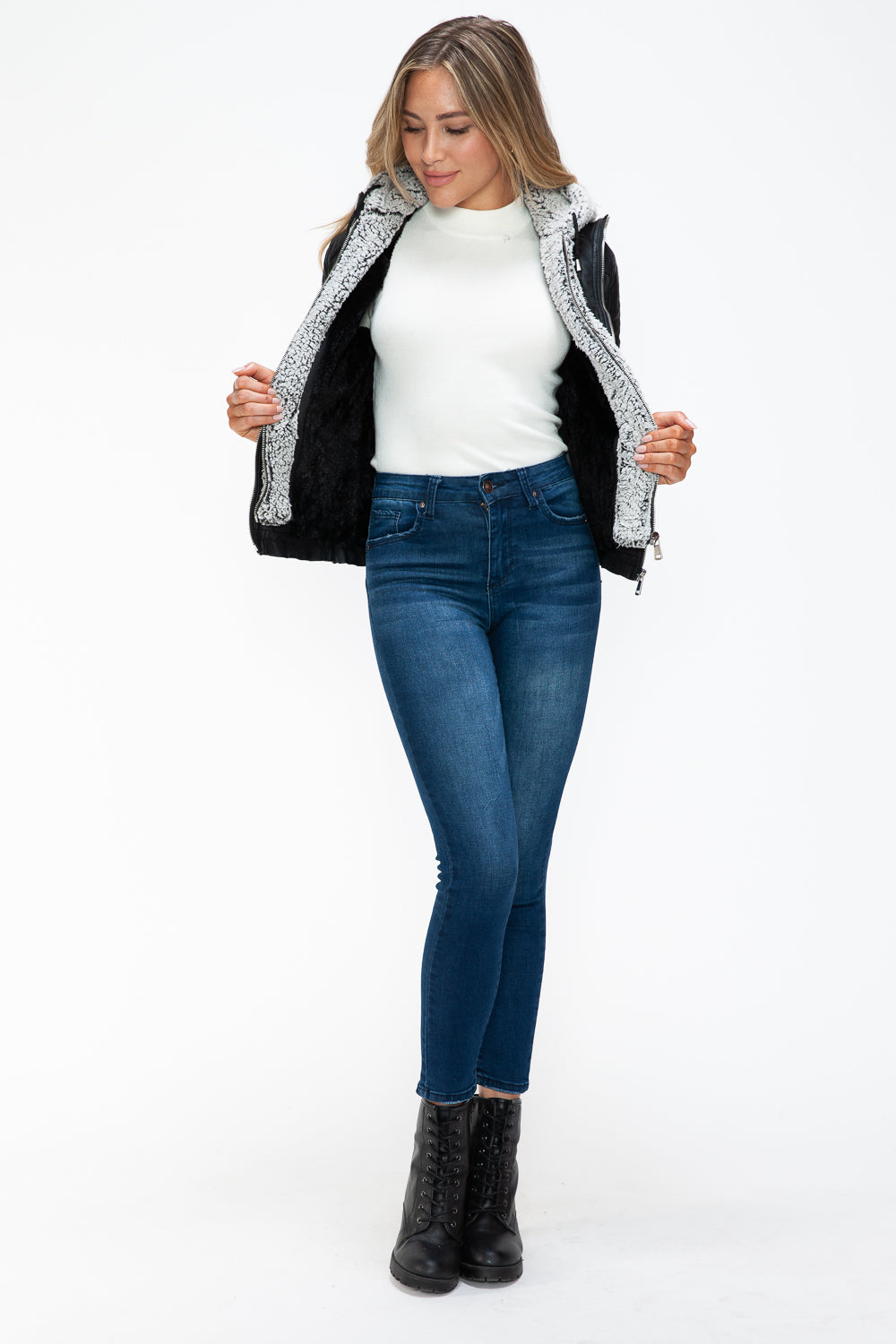 Hazel Blues® |  YMI Removable Faux Layered Multi-Pocket Jacket with Fuzzy Hood