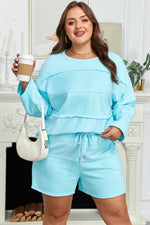 Hazel Blues® | Aruba Blue Solid Color Splicing Raw Hem Pullover Top Shorts Set