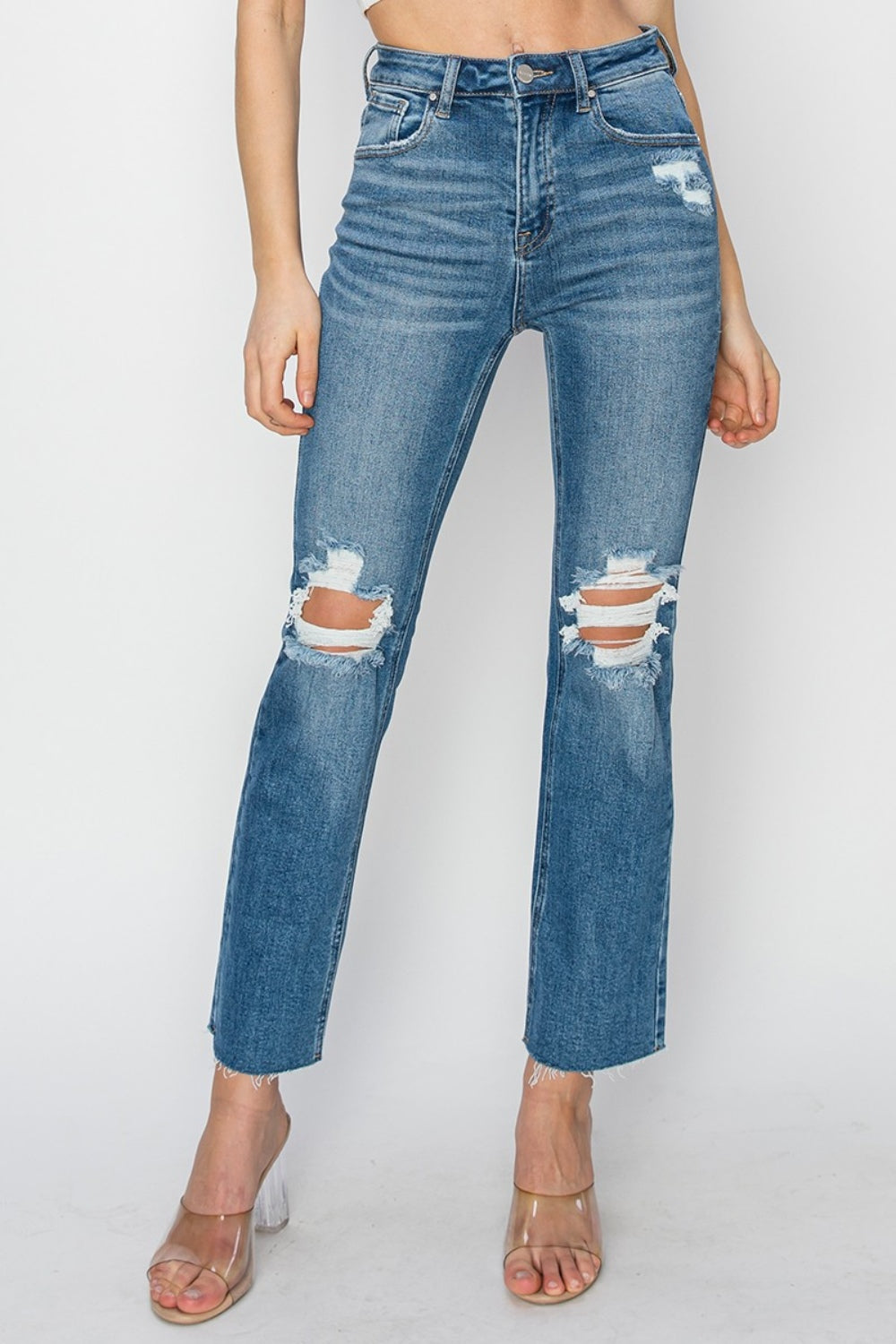 Hazel Blues® |  RISEN High Rise Distressed Ankle Jeans