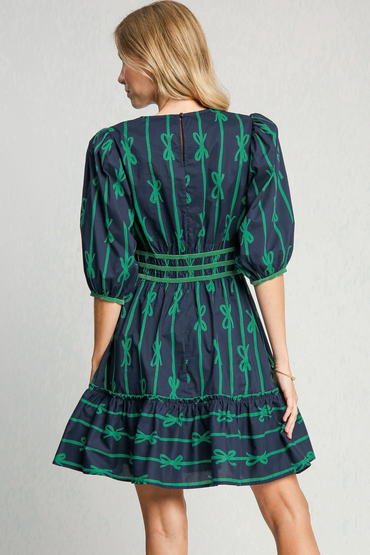 Hazel Blues® |  Umgee Ribbon Print Frill Contrast Velvet Trim Half Sleeve Dress