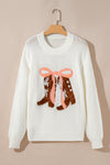Hazel Blues® |  White Embroidered Bow Boots Graphic Drop Shoulder Sweater
