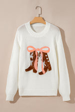 Hazel Blues® |  White Embroidered Bow Boots Graphic Drop Shoulder Sweater