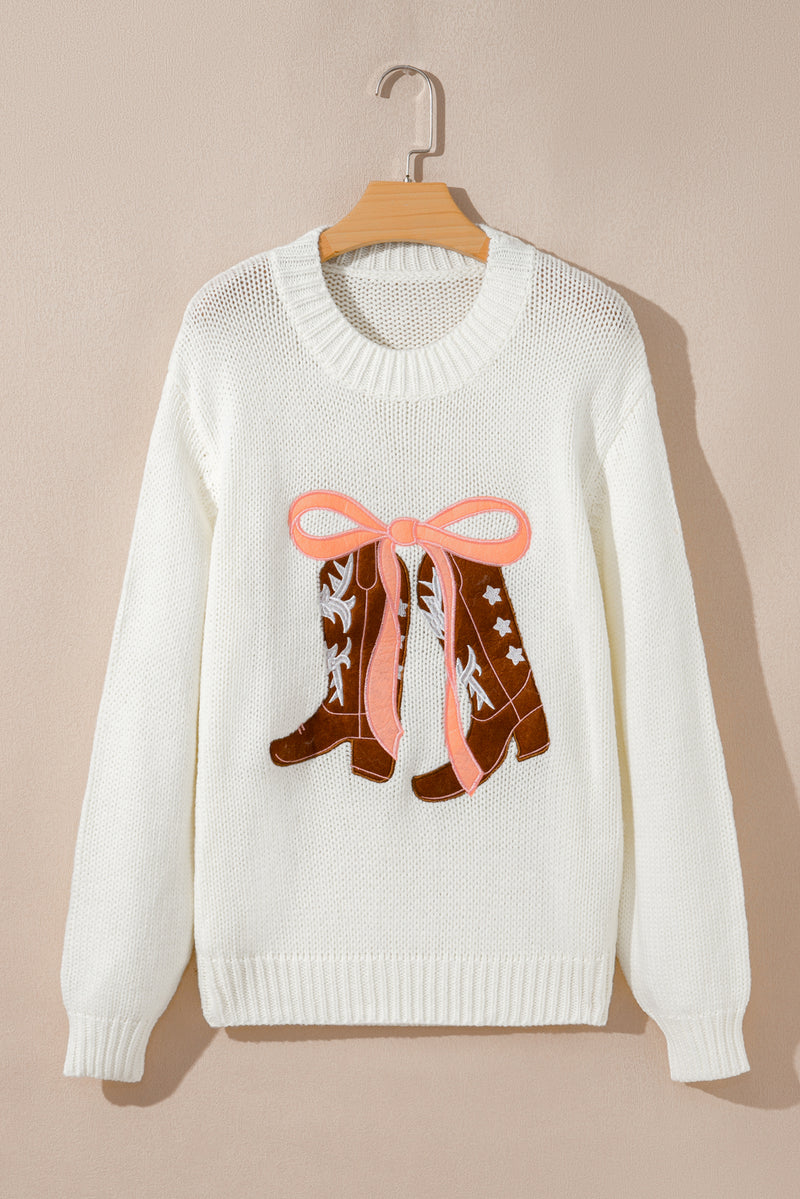 Hazel Blues® |  White Embroidered Bow Boots Graphic Drop Shoulder Sweater