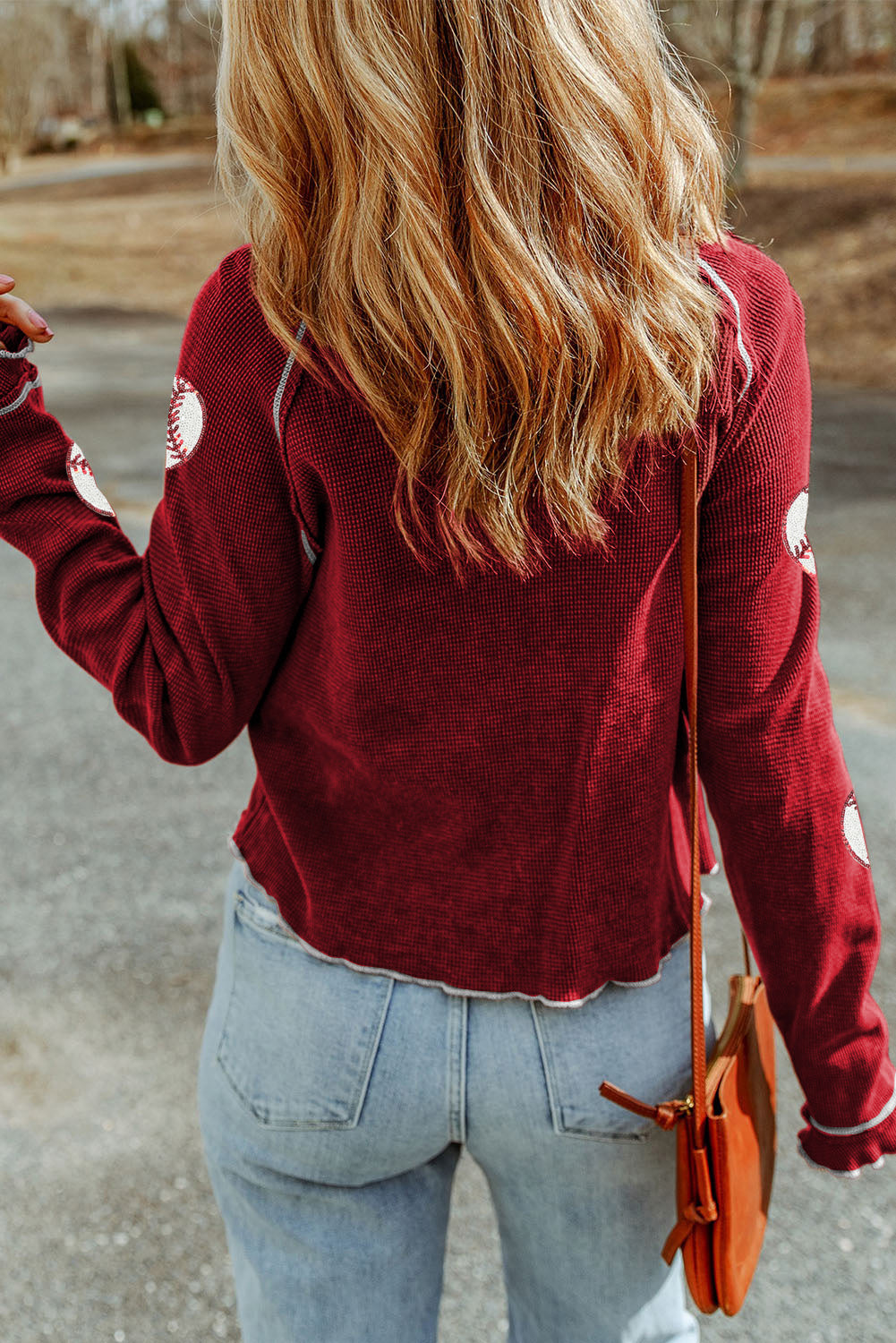 Hazel Blues® |  Red Baseball Patched Patterned Game Day Waffle Raglan Top