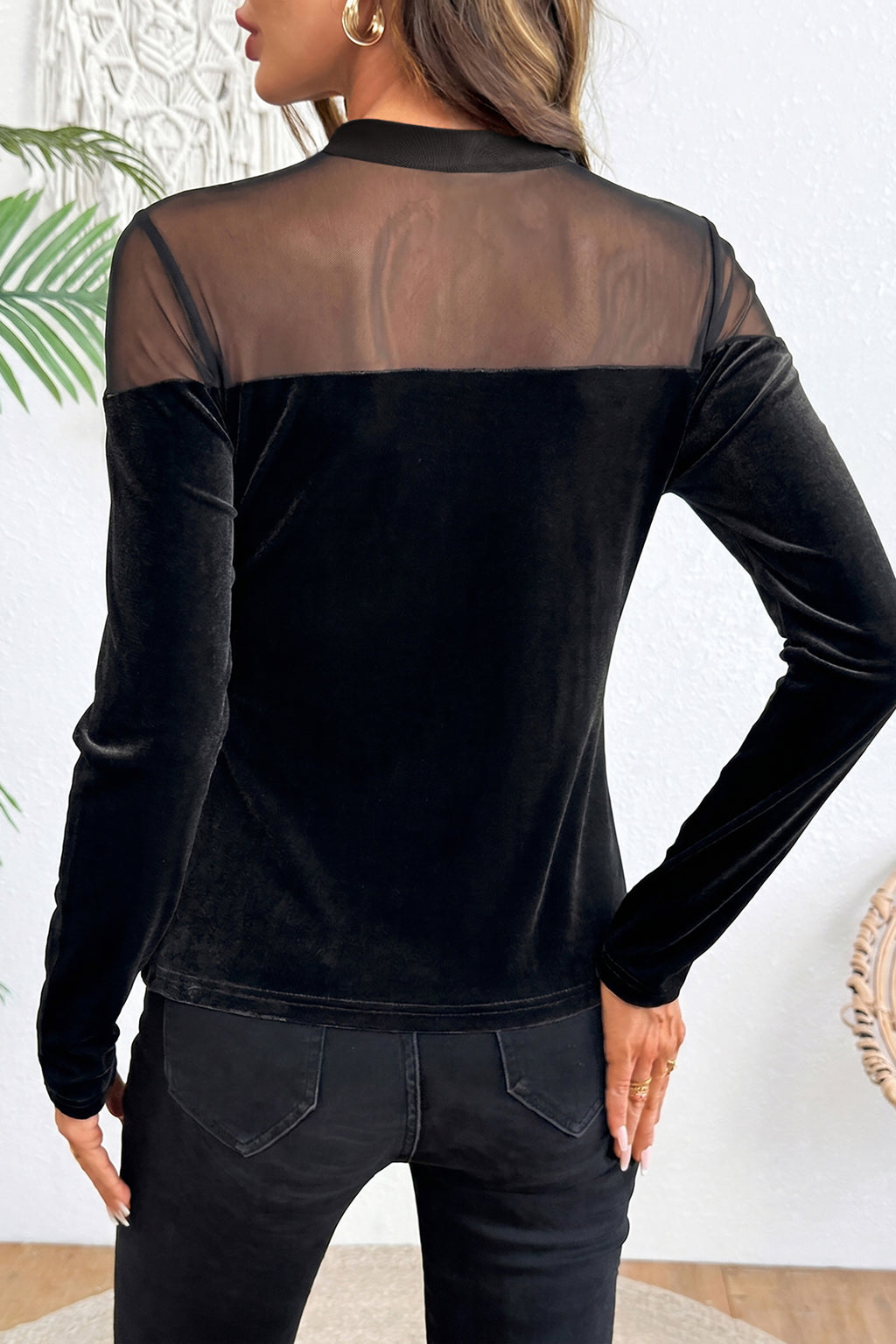 Midnight Velvet Black Sheer-Neck Top