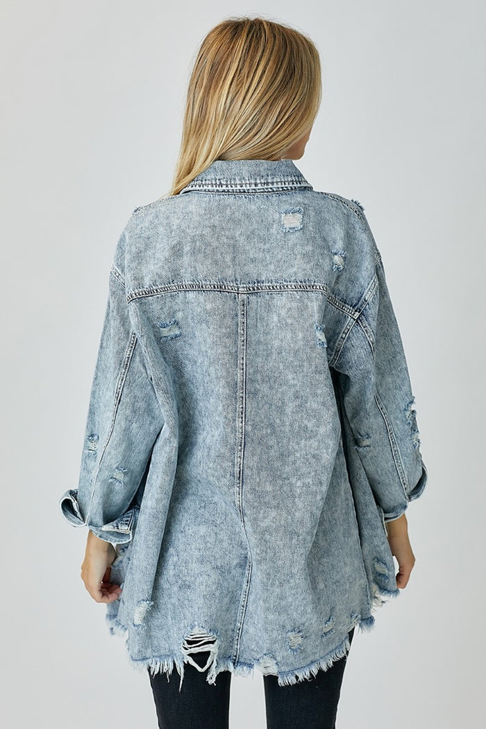 Hazel Blues® |  RISEN Distressed Raw Hem Denim Shirt