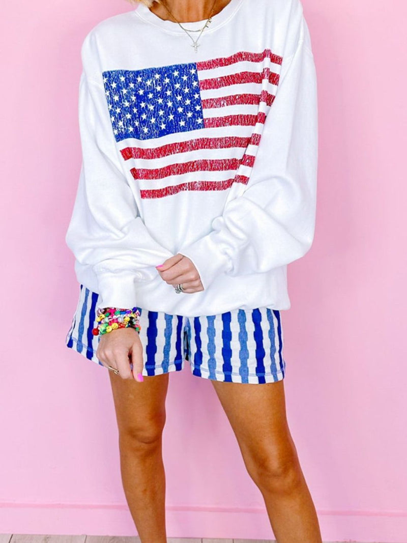 Hazel Blues® |  US Flag Round Neck Long Sleeve Sweatshirt