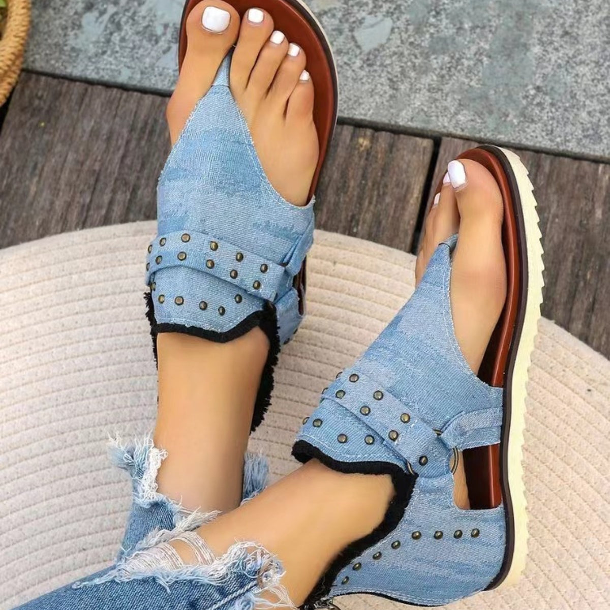 Hazel Blues® |  Studded Raw Hem Flat Sandals