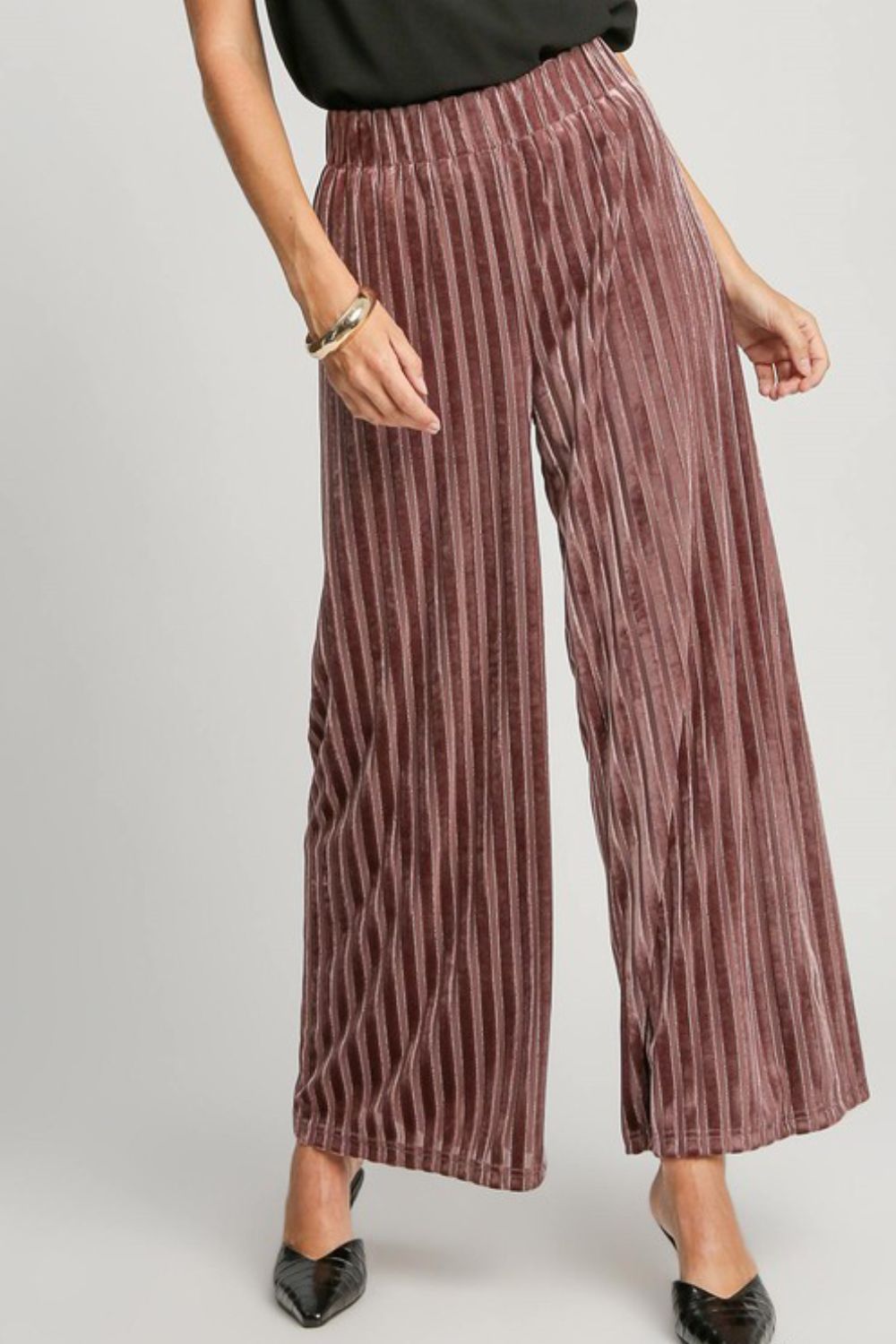 Hazel Blues® |  Umgee Elastic Waist Striped Wide Leg Velvet Pants