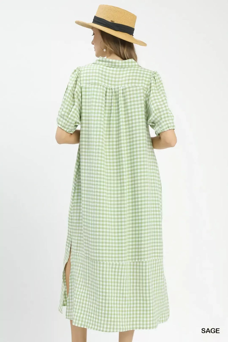 Umgee Gingham Midi Dress with Side Pockets SAGE / S Umgee Gingham Midi Dress with Side Pockets SAGE / S