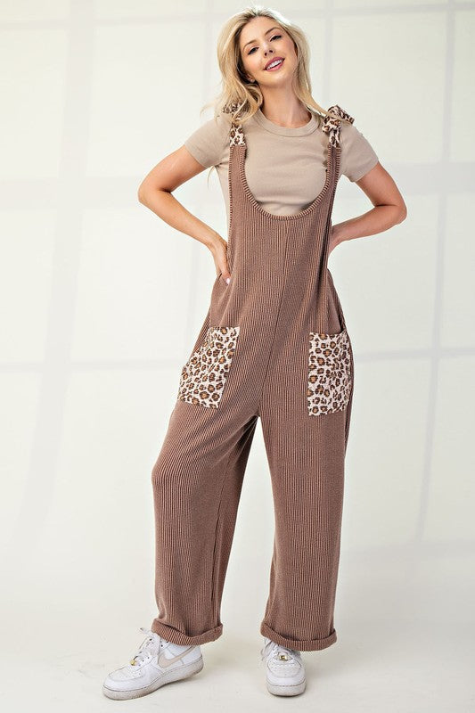 Hazel Blues® |  Celeste Ribbed Leopard Tied Shoulder Overalls