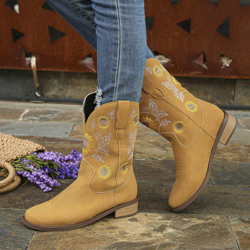 Hazel Blues® |  Sunflower Embroidered Block Heel Boots
