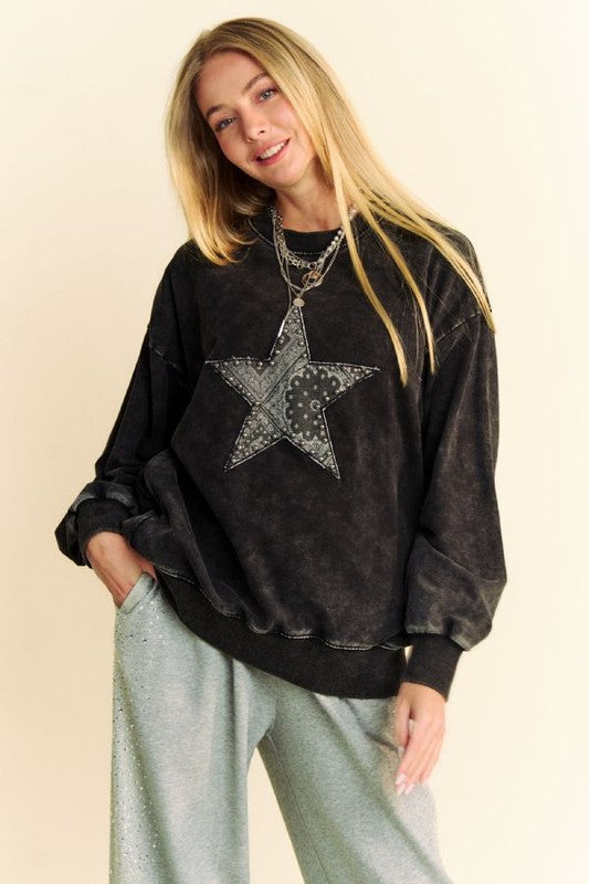 Hazel Blues® |  Davi & Dani Stud Star Patch Acid Washed Sweatshirt