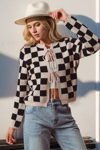 Hazel Blues® |  Double Take Checkered Tie Front Long Sleeve Cardigan