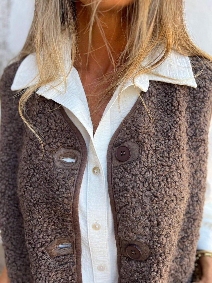 Hazel Blues® |  Pocketed Button Up V-Neck Sherpa Vest