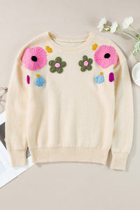 Hazel Blues® |  Crochet Flower Round Neck Dropped Shoulder Sweater