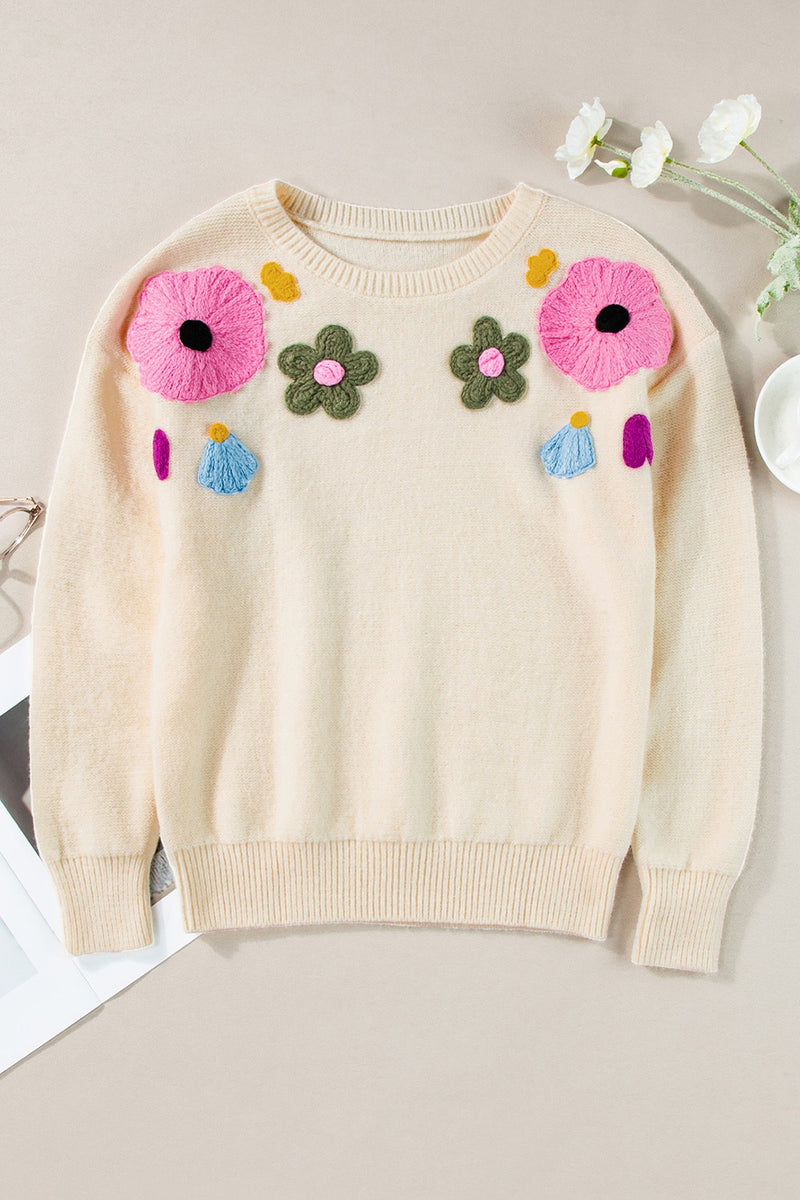 Hazel Blues® |  Crochet Flower Round Neck Dropped Shoulder Sweater