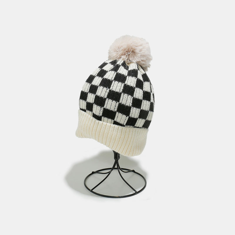 Hazel Blues® |  Checkered Knit Hat with Pompom