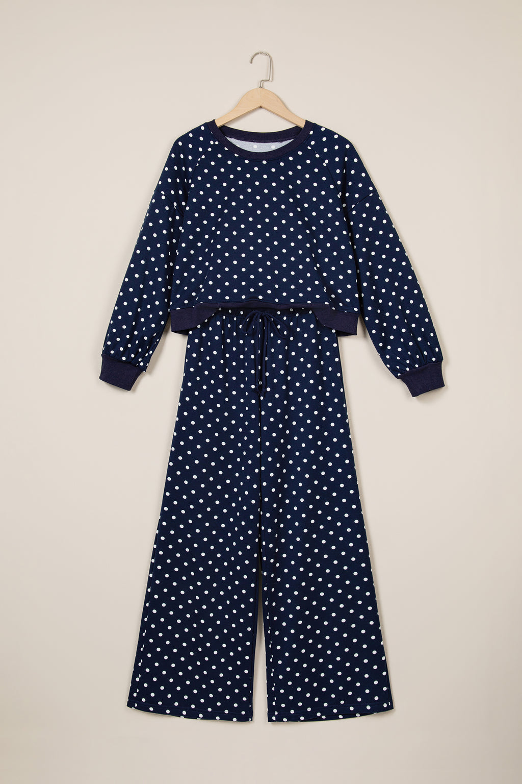 Blue Polka Dot Drawstring Wide Leg Long Sleeve Top Pant Set