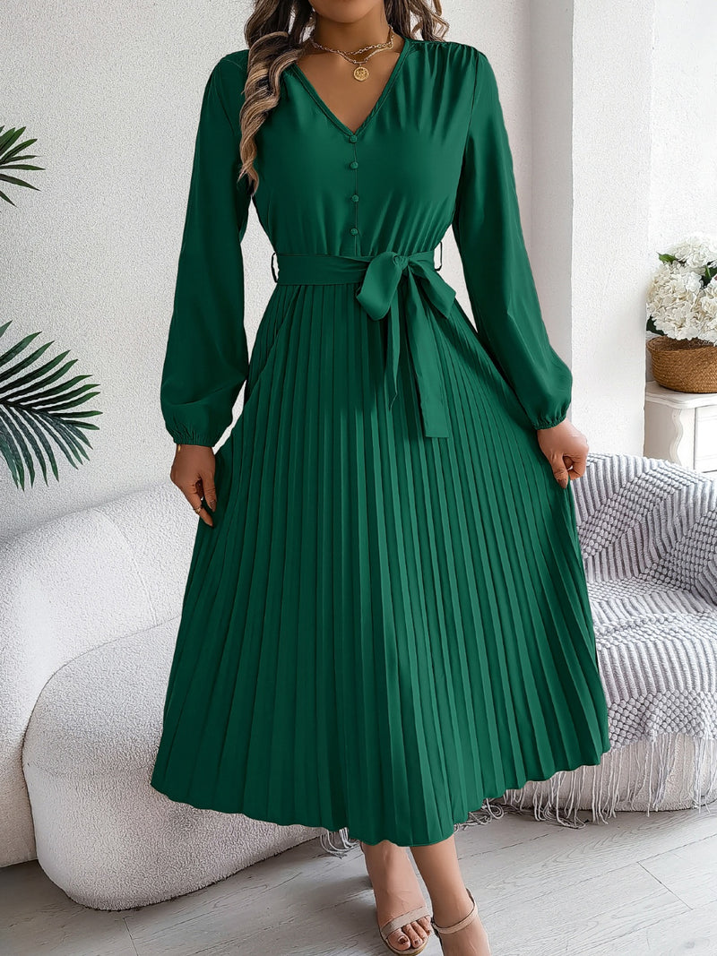 Hazel Blues® |  Pleated Tied V-Neck Long Sleeve Dress