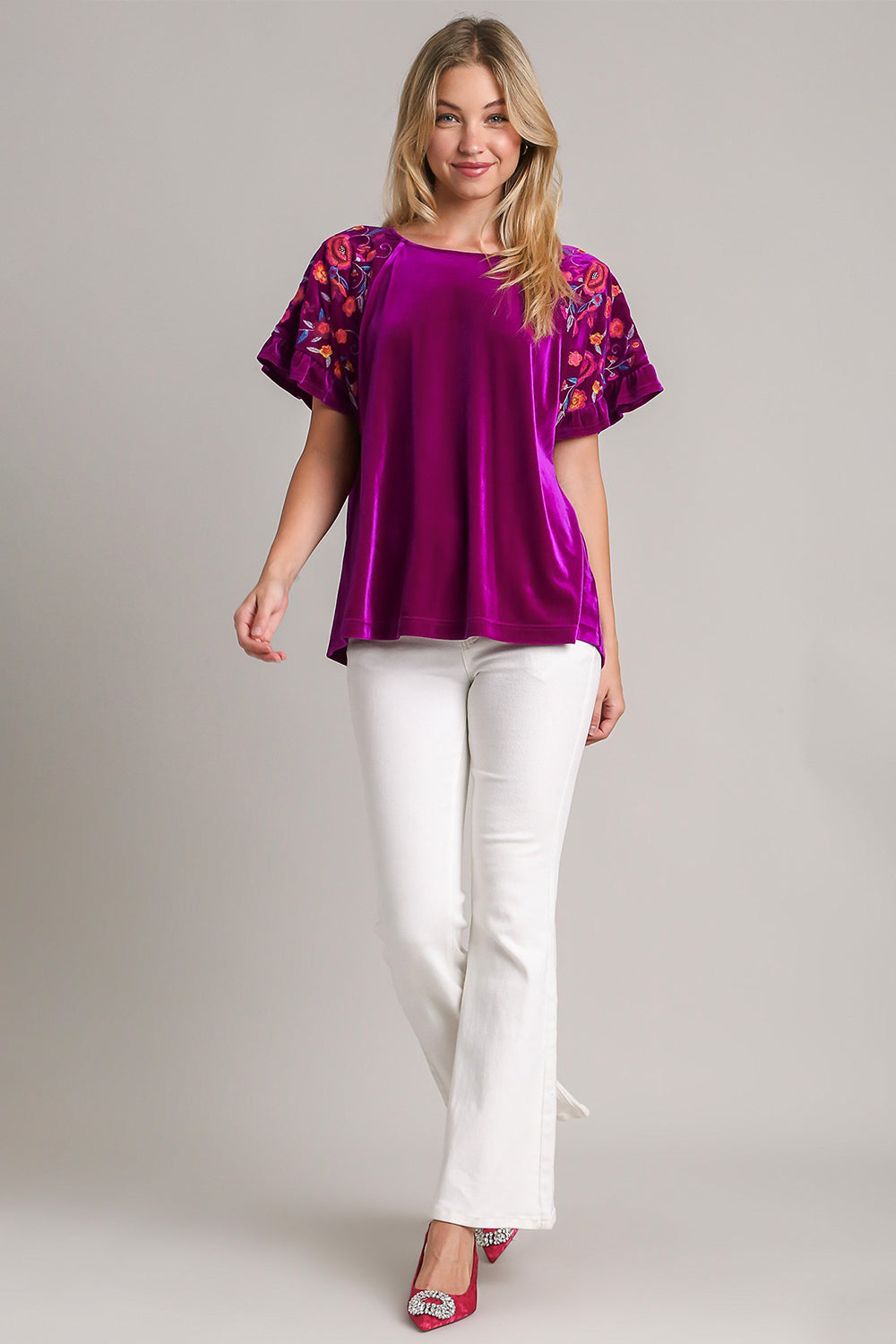 Hazel Blues® |  Umgee Velvet Embroidery Short Sleeve Blouse