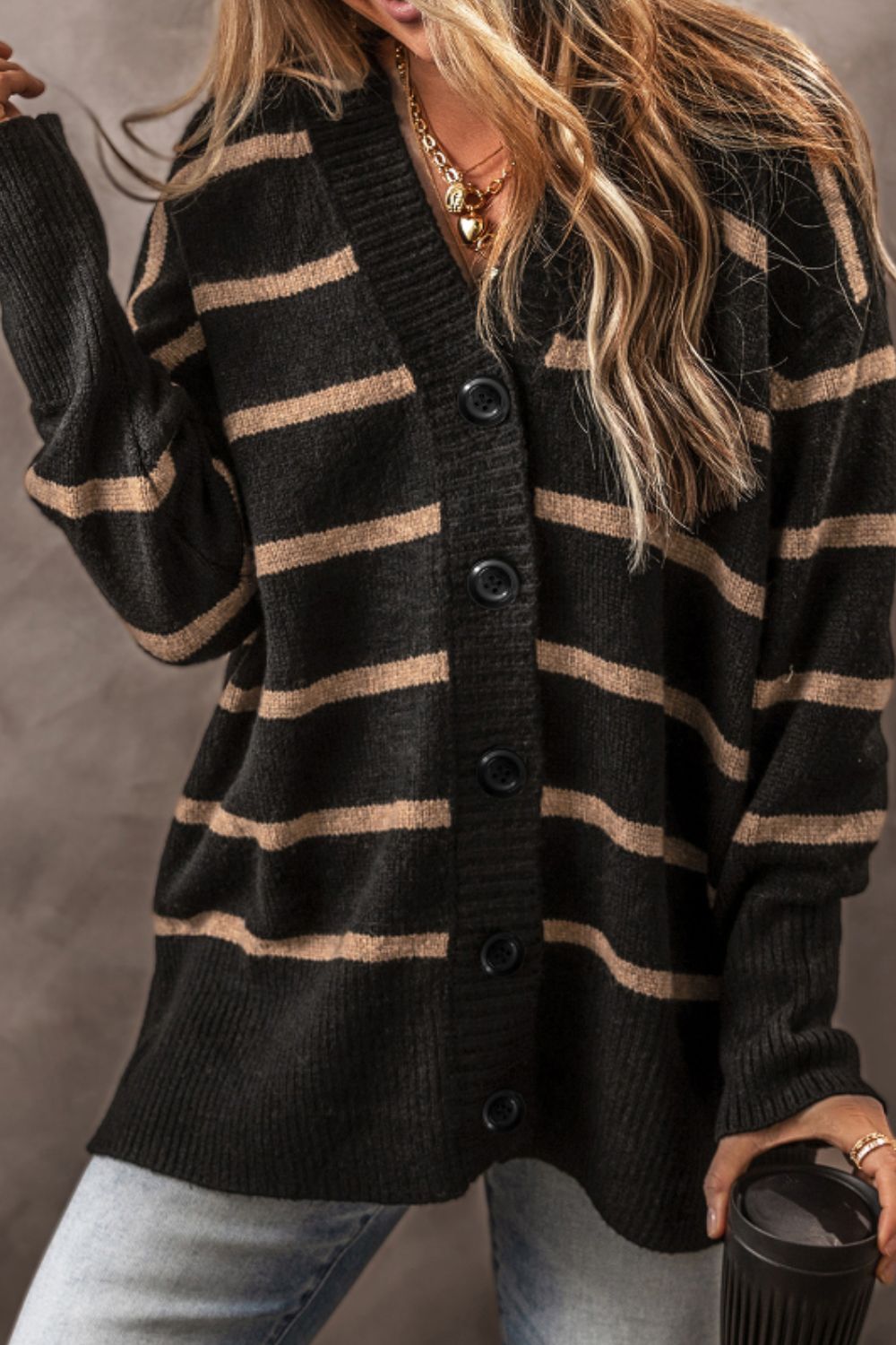 Hazel Blues® |  Striped Button Down Long Sleeve Cardigan