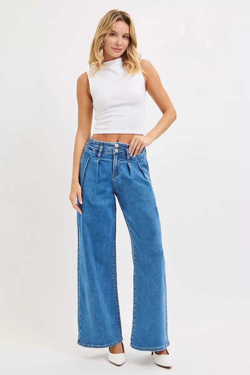 Hazel Blues® | RISEN Mid Rise Fit Wide Leg with Pleated Detail Jeans