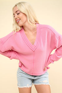 Hazel Blues® |  VERY J Exposed Seam V-Neck Ribbed Knit Top