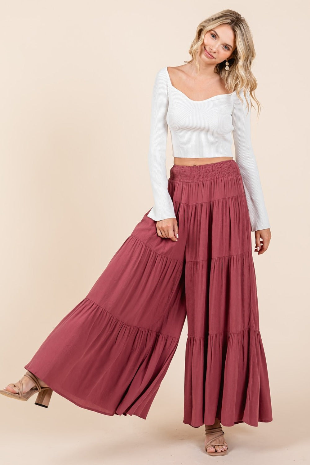 Hazel Blues® |  Mittoshop Tier Detail Smocked Elastic Waist Wide Leg Pants