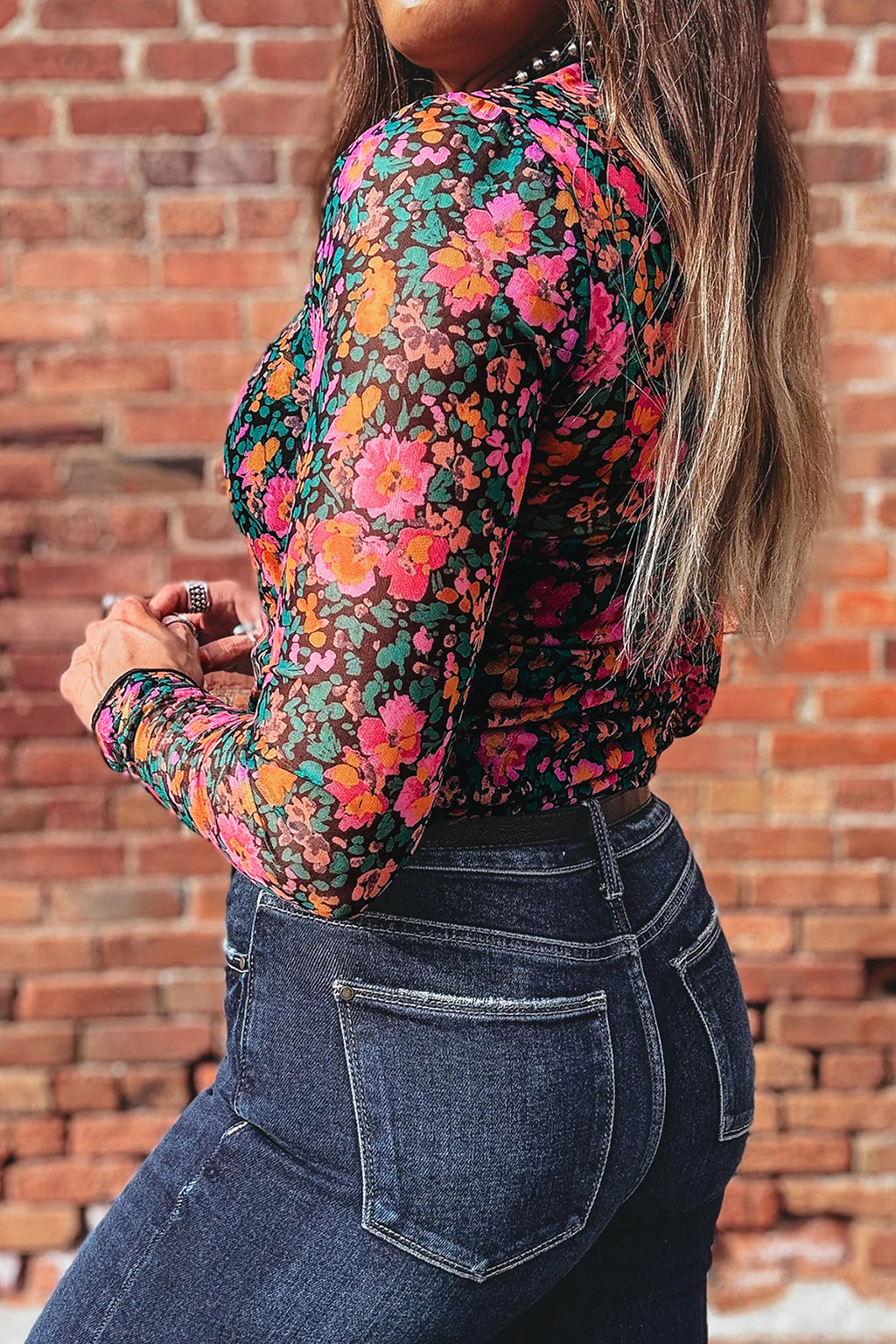 Vintage Floral Print Mesh Long Sleeve Top | Floral Long Sleeve Mesh Top