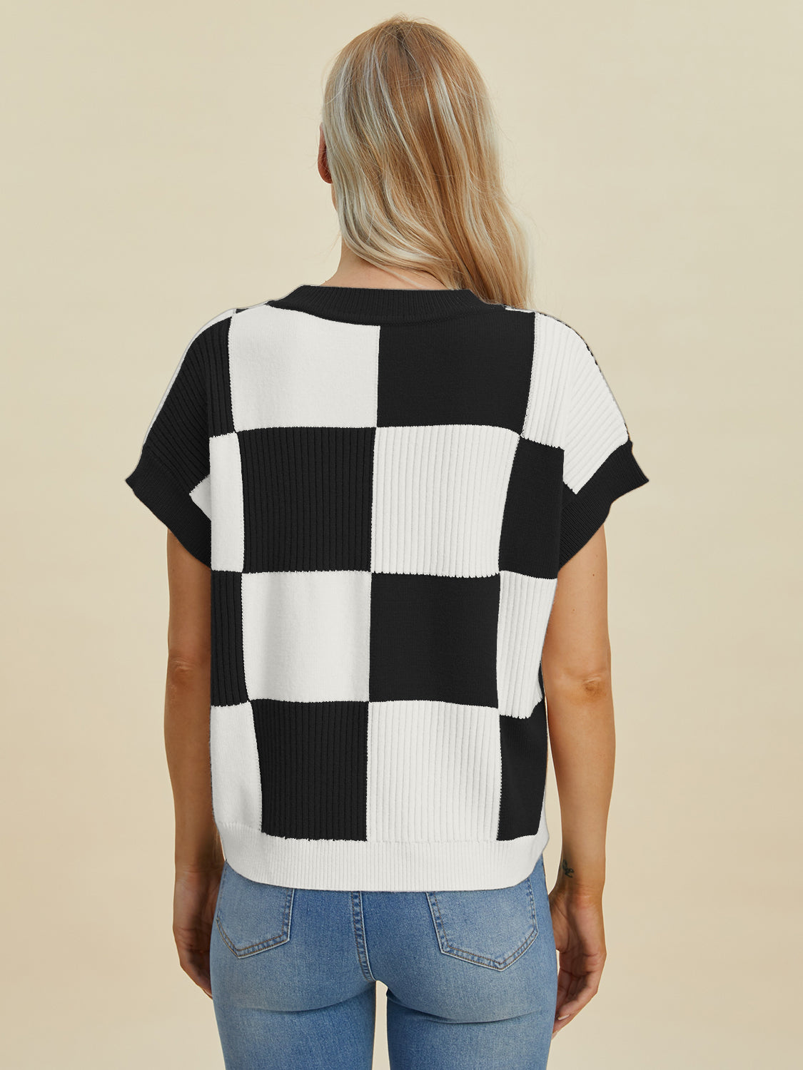 Hazel Blues® |  Double Take Checkered Round Neck Short Sleeve Sweater