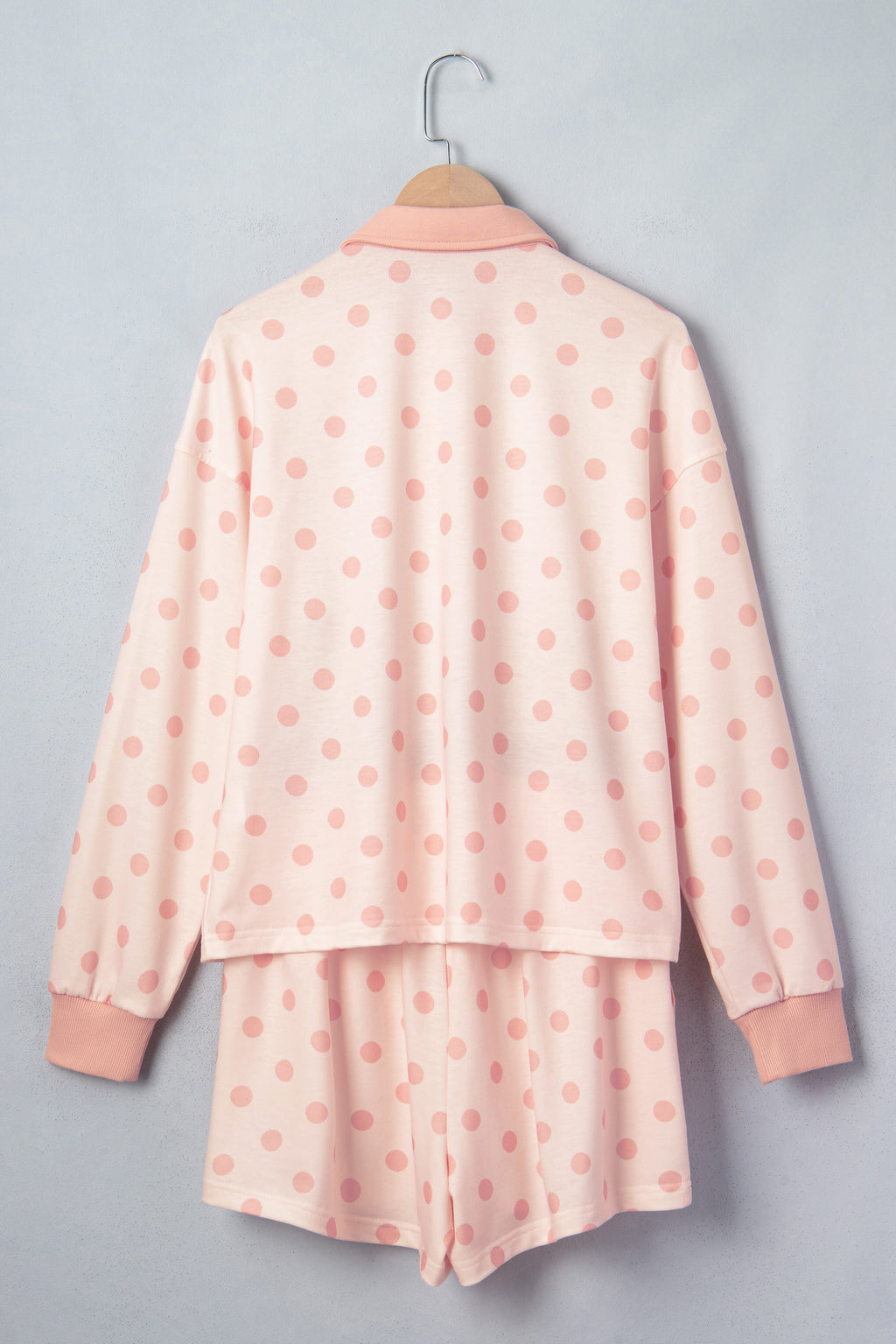 Drop Shoulder Polka Dot Polo Loose Pullover Patch Pocket Casual Shorts Set