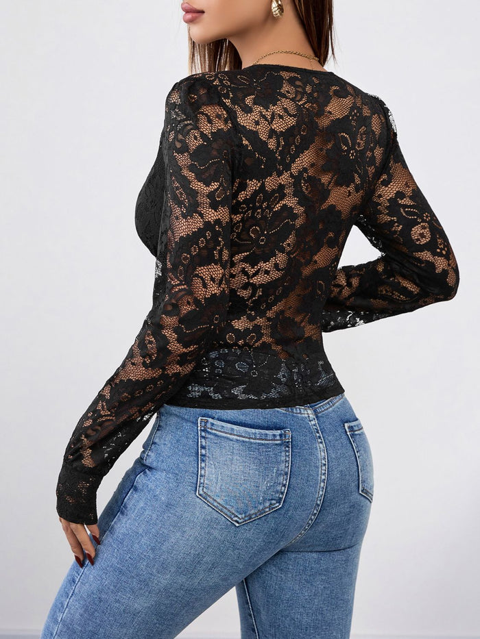 Hazel Blues® |  Perfee V-Neck Long Sleeve Lace Top