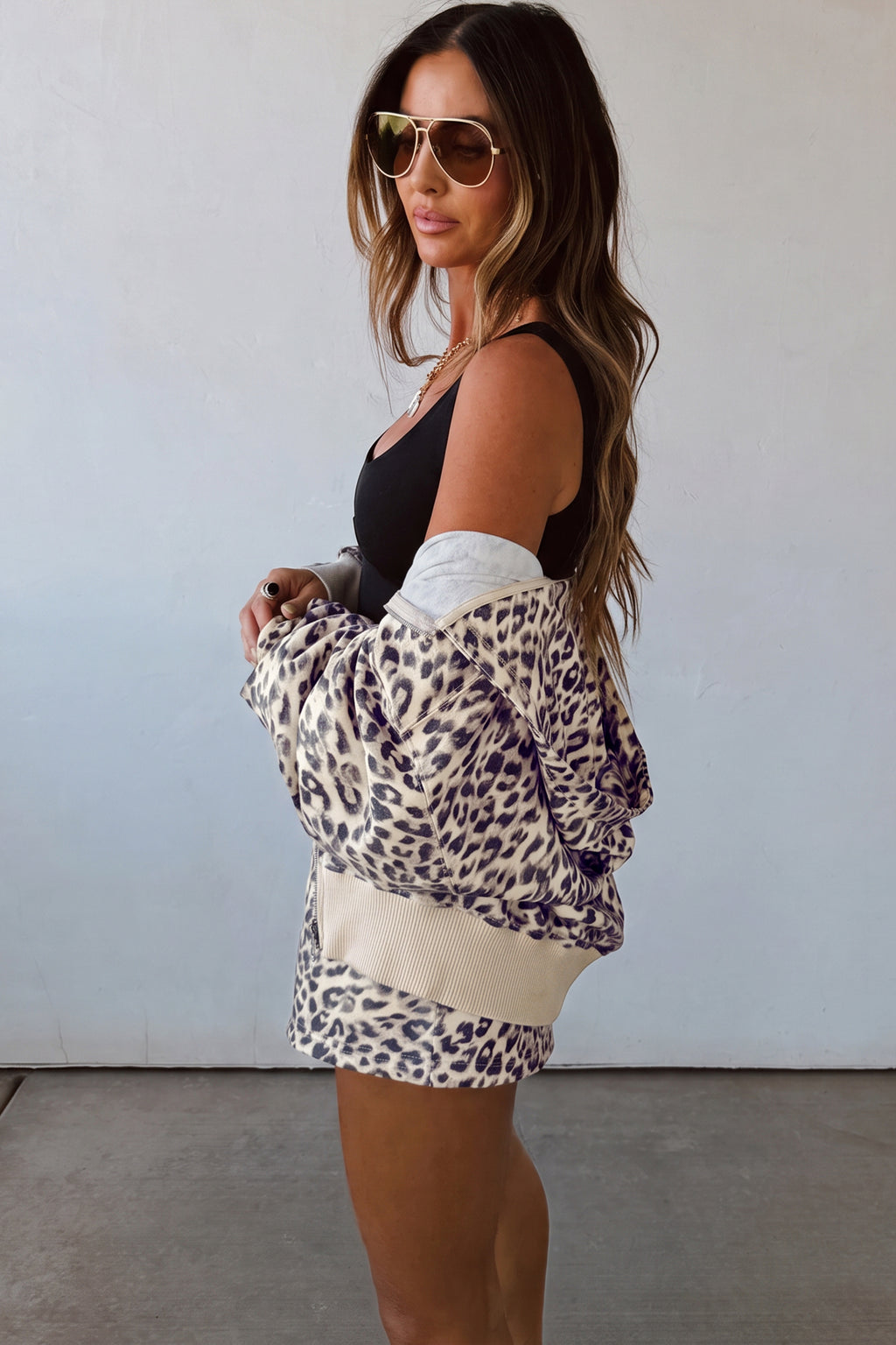 Multicolor Leopard Zip-Up Hooded Drawstring Pants Set