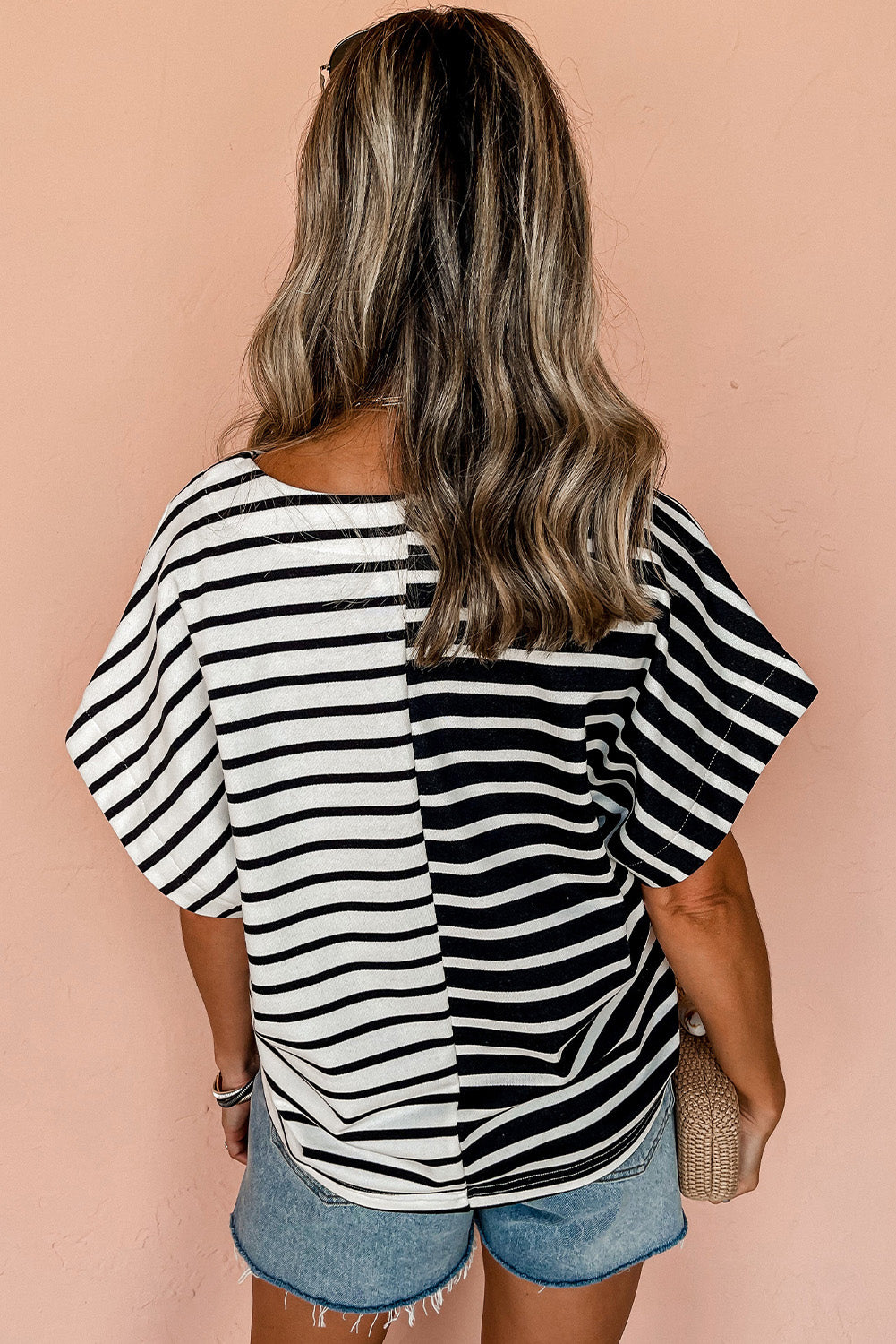 Black Stripe Two Tone Color-Block V-Neck T-Shirt