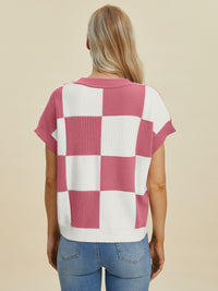 Hazel Blues® |  Double Take Checkered Round Neck Short Sleeve Sweater