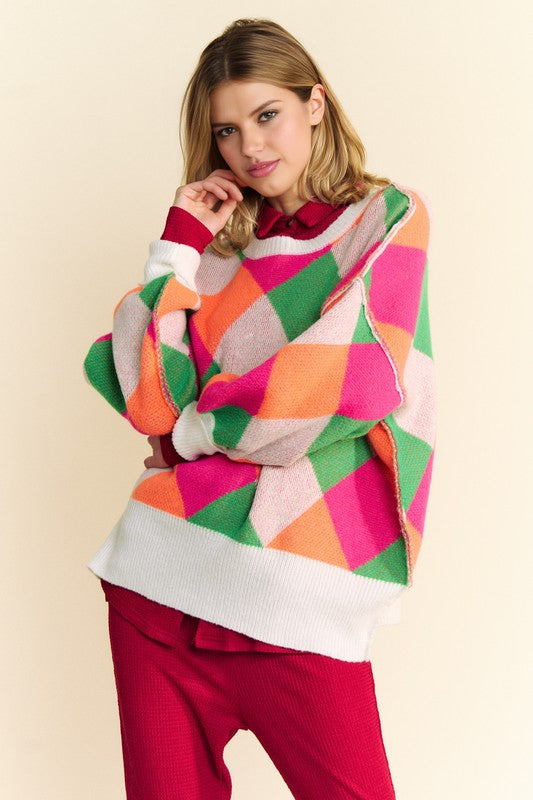Hazel Blues® |  Davi & Dani Exposed Seam Color Block Dropped Shoulder Sweater