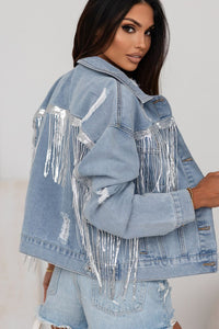 Hazel Blues® |  Sequin Fringe Trim Distressed Button Up Denim Jacket